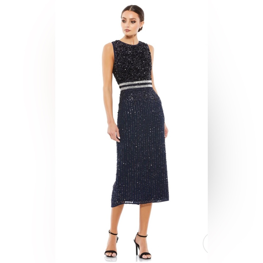 Mac Duggal 10509 Black Sleeveless High Neck Beaded Midi Sheath Dress